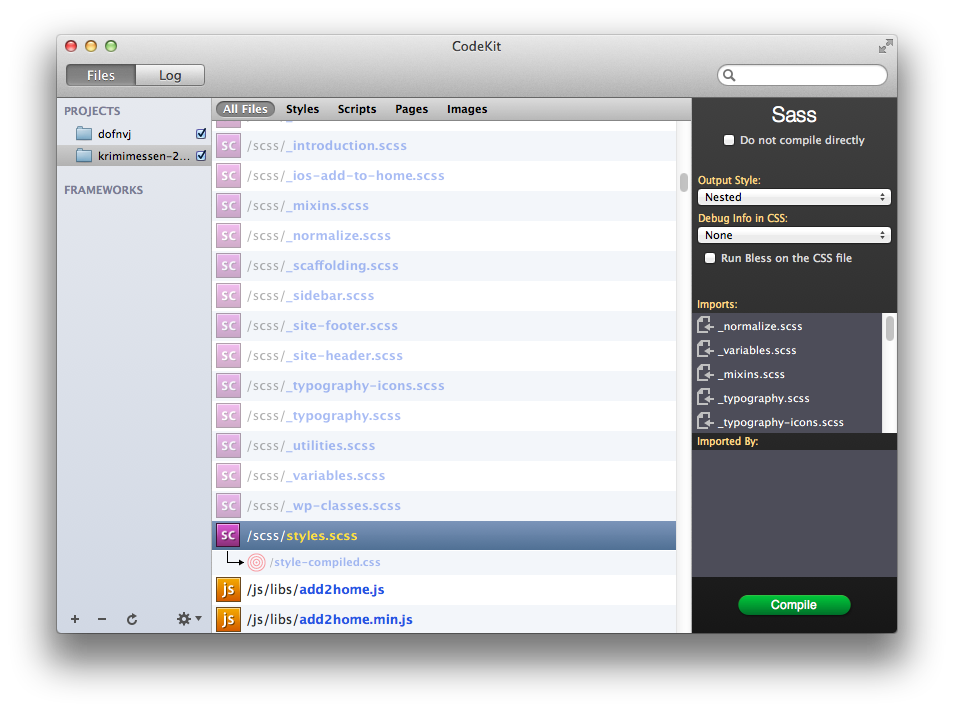 Codekit Sådan ser brugergrænsefladen i Codekit ud.